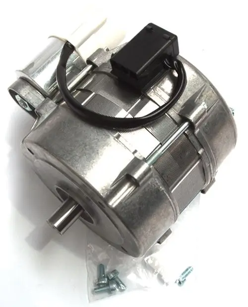 Daikin-Motor mit Kondensator, kompaktes metallisches Gehäuse, Anschlusskabel vorhanden, geeignet für Heizsysteme, liegend auf einer weißen Unterlage mit Montageschrauben.